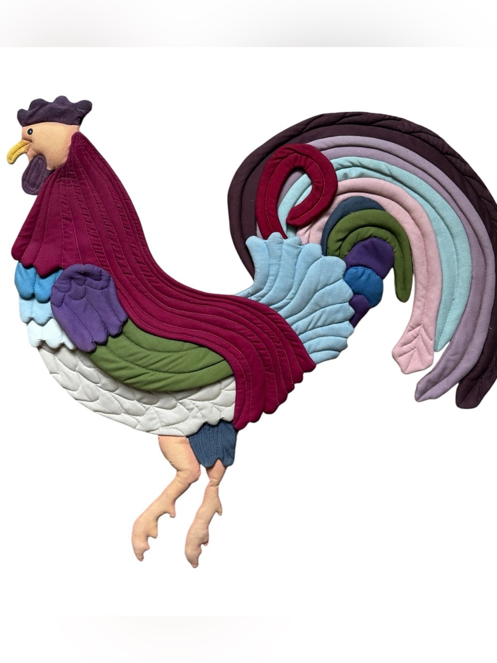 🐓VTG Handcrafted Quilted Fabric Colorful Rooster Wall Art Accent Decor 1981